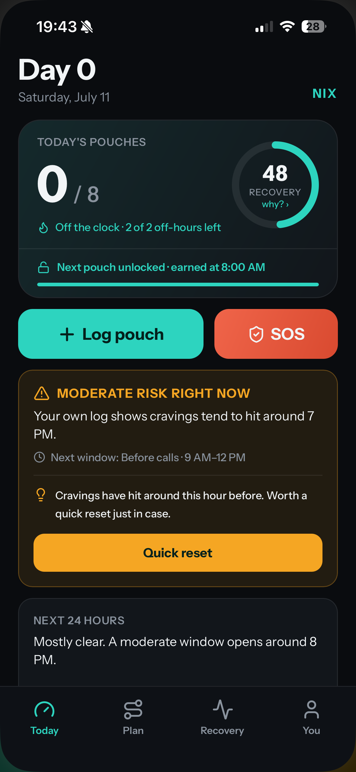 NIX app — Today screen showing daily pouch allowance, recovery score, and a predicted risk window